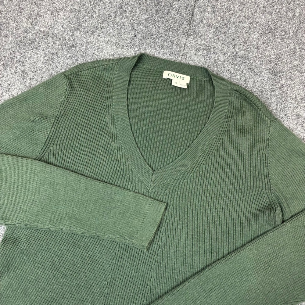 Vintage Orvis Womens Size M Medium Green Ribbed V-Neck Long Sleeve Knit Sweater